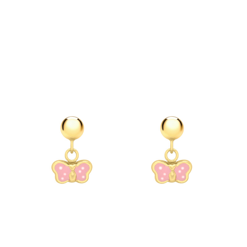 Boucles d'Oreilles Papillons en Or Jaune 375 & Émail Rose - Bambins