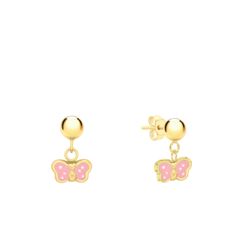 Boucles d'Oreilles Papillons en Or Jaune 375 & Émail Rose - Bambins