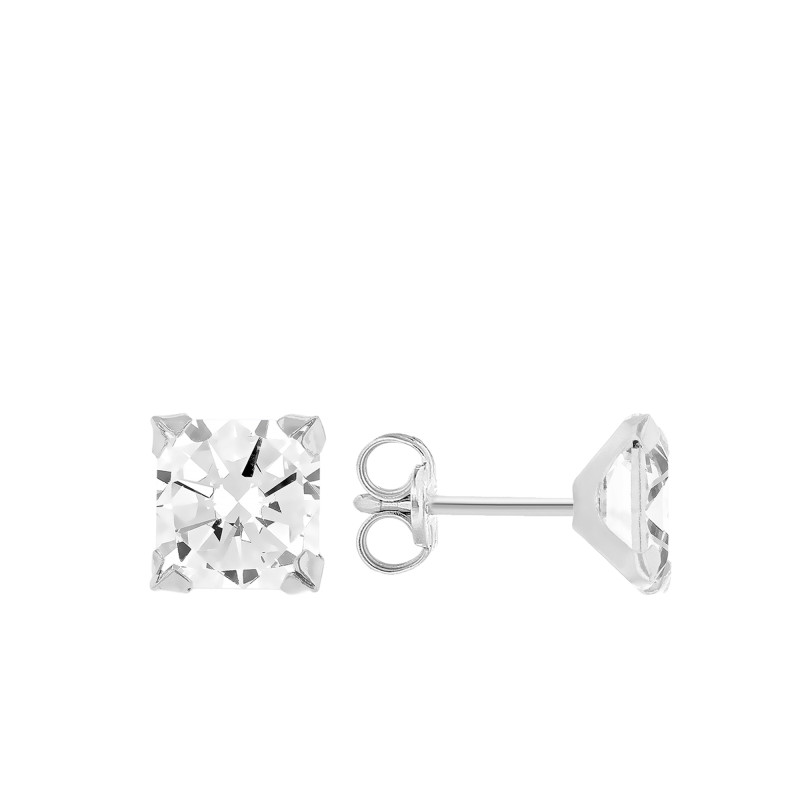 Boucles d'Oreilles Carrées en Or Blanc 375 & Oxydes de Zirconium Blancs - Emanessence