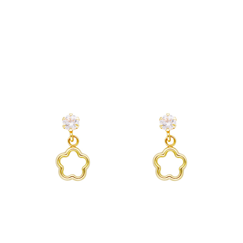 Boucles d'Oreilles Pendantes Fleurs en Or Jaune 375 & Oxyde de Zirconium - Bambins