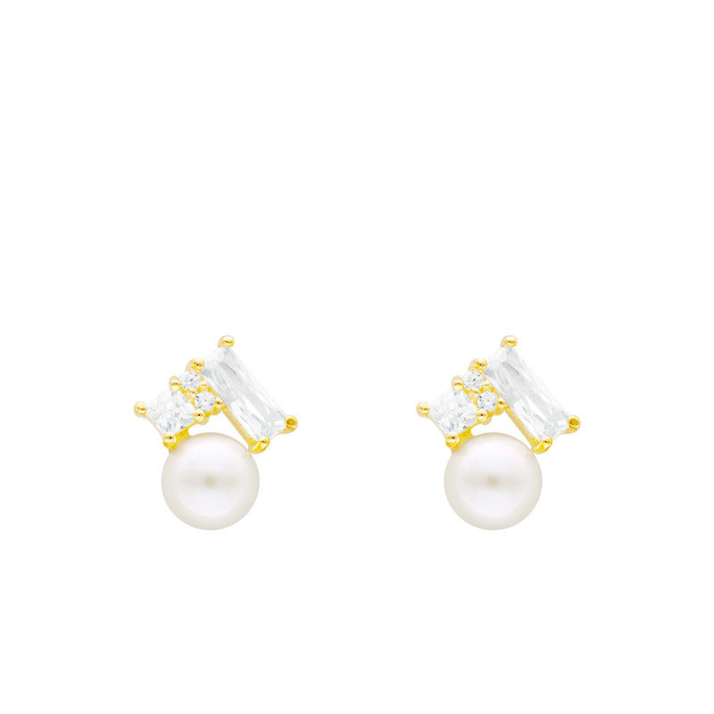 Boucles d'Oreilles en Or Jaune & Oxyde de Zirconium et Perle de Culture d'Eau Douce - Emanessence