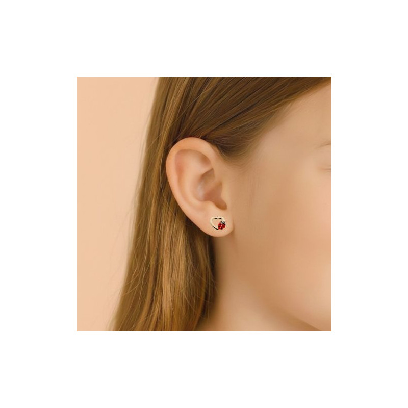Boucles d'Oreilles Coeurs & Coccinelles en Or Jaune 750 - Bambins