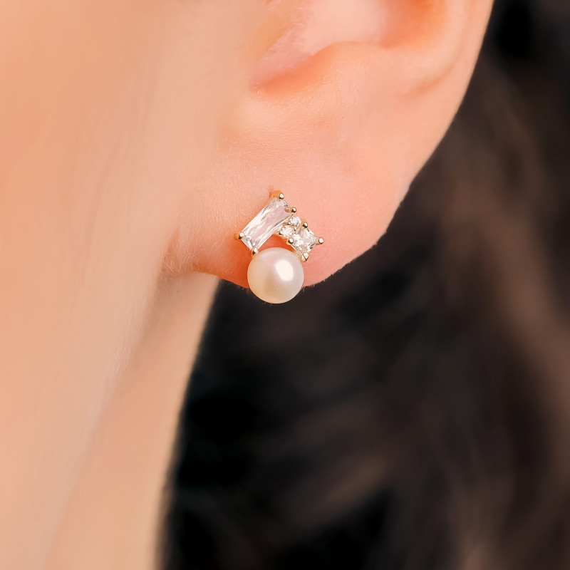 Boucles d'Oreilles en Or Jaune & Oxyde de Zirconium et Perle de Culture d'Eau Douce - Emanessence