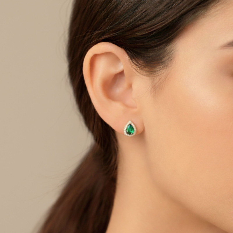 PROMO Boucles d'Oreilles en Or Jaune 375 & Oxydes de Zirconium Verts en Poire - Emanessence OCARAT.COM BIJOUTERIE N°1