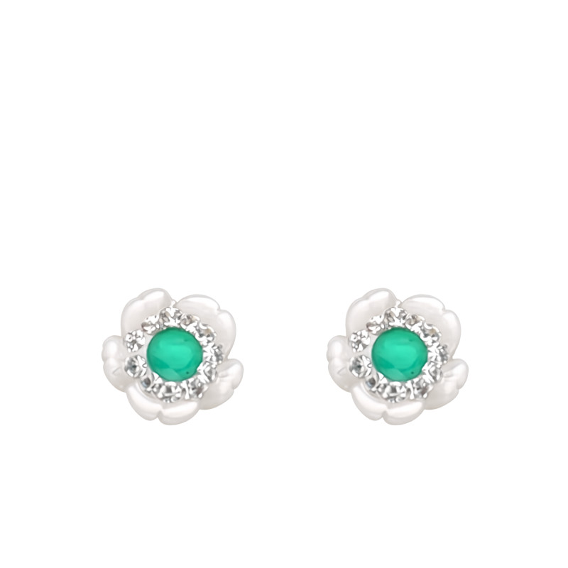 Boucles d'Oreilles Fleur en Or Jaune 375, Nacre & Oxydes de Zirconium Vert - Aurora