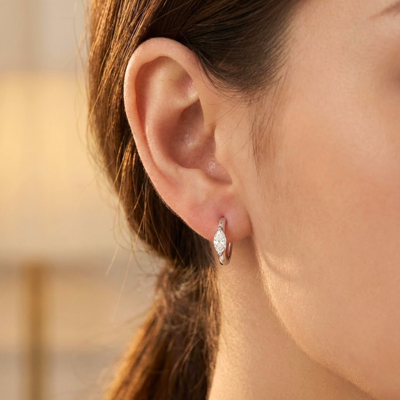 PROMO Créoles Pierre Marquise en Or Blanc 375 & Oxydes de Zirconium, Diamètre 13 mm - Emanessence OCARAT.COM BIJOUTERIE N°1