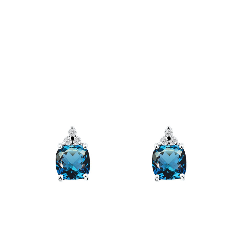 Boucles d'Oreilles en Or Blanc 750 & Topaze London Blue et Diamants de Synthèse 2 x 0,05 ct - Aurora