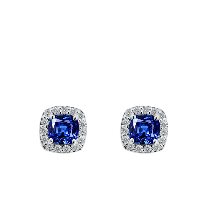 Boucles d'Oreilles Coussin Saphir de Synthèse & Diamants de Synthèse 0,30 ct en Or Blanc 750 - Aurora
