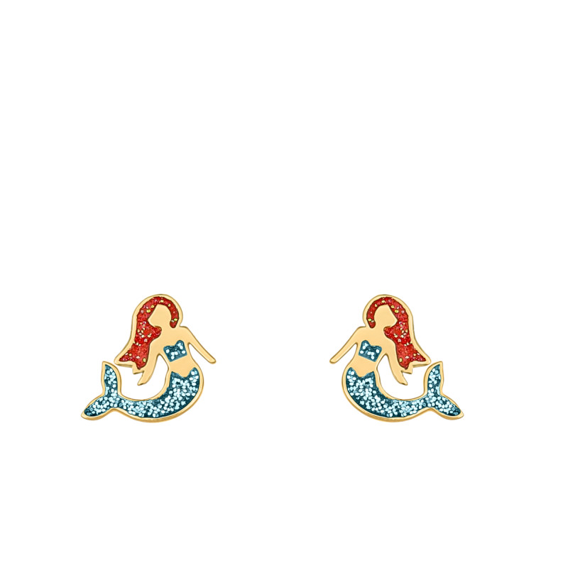 Boucles d'Oreilles Puces Sirènes en Or Jaune 375 & Laque Paillettée Bleue & Rouge - Ocarat
