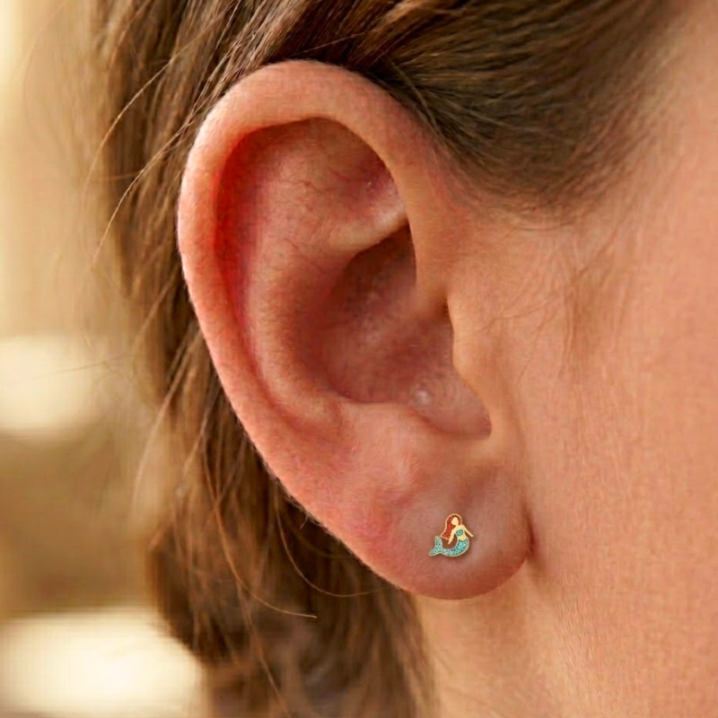 Boucles d'Oreilles Puces Sirènes en Or Jaune 375 & Laque Paillettée Bleue & Rouge - Ocarat