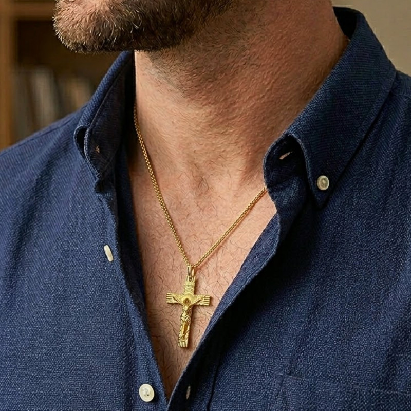 Croix Christ Solaire en Or Jaune 375, Dimension 21 x 34 mm - Lucas Lucor