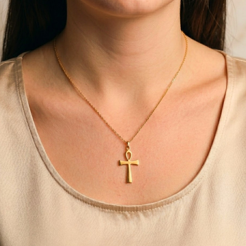 Croix de Vie Polie en Or Jaune 750, Dimension 17 x 32 mm - Emanessence