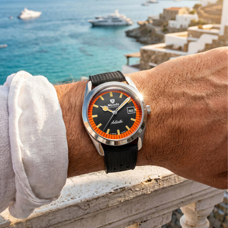 Montre Super Antarctic Black & Orange 38mm with date 32056A - Nivada Grenchen