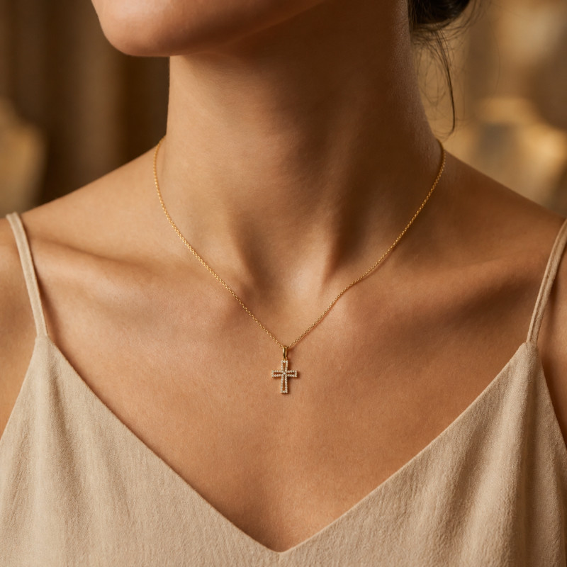 Pendentif Croix Ajourée en Or Jaune 375 & Diamants 0,12 ct HSI - Lumiosa