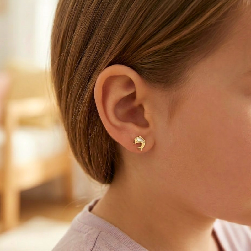 Boucles d'Oreilles Dauphin en Or Jaune 375 & Nacre - Bambins