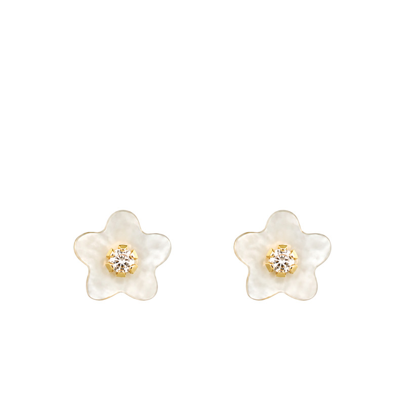 Boucles d'Oreilles Marguerite Nacrée en Or Jaune 375 & Oxyde de Zirconium - Bambins