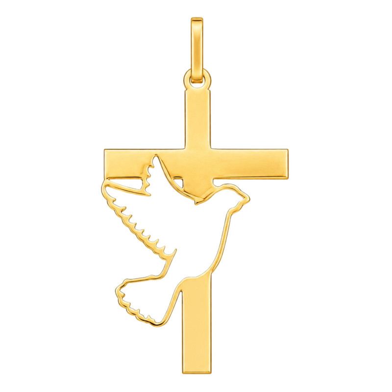 Pendentif Croix & Colombe Ajourée en Or Jaune 375 ou 750, 26 mm - Lumiosa